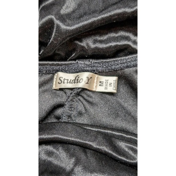 Studio Y Black Sleeveless Top Ruched V Neck Open Back Party Long Tank Medium - Picture 3 of 4